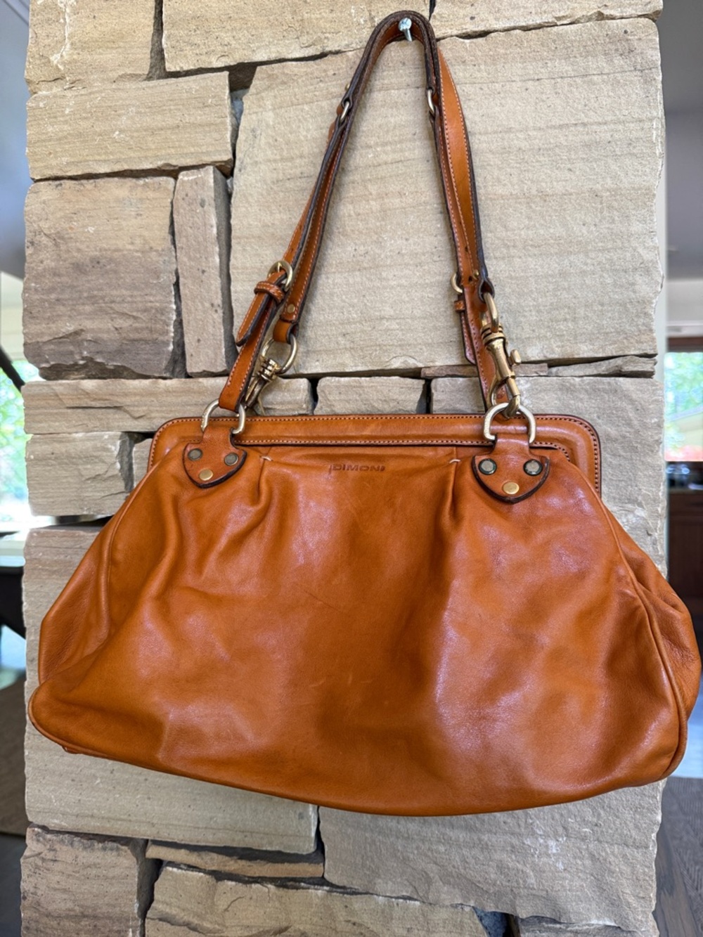 Dimoni Warm Tan Leather Shoulder Bag with Brass Hardware, Spain, Magnetic Close